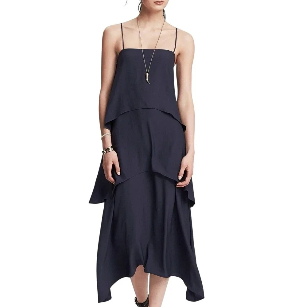 Banana Republic Dress Womens 6 Navy Blue‎ Midi Tiered Flowy Party Minimalist